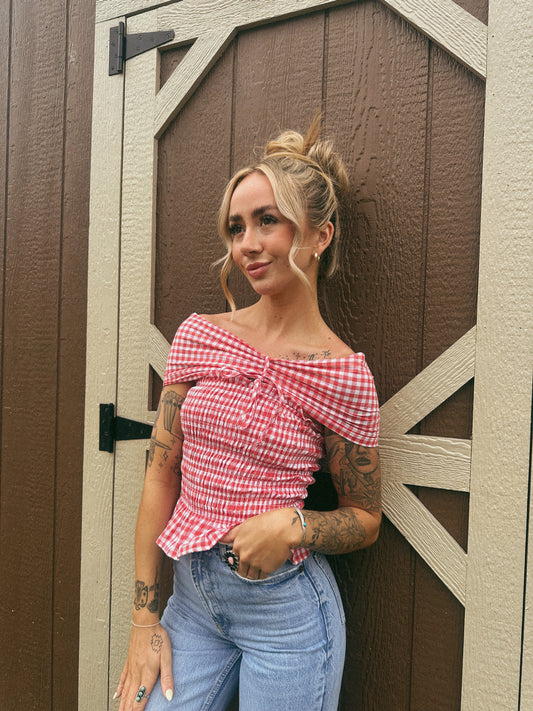 GINGHAM OFF THE SHOULDER TOP