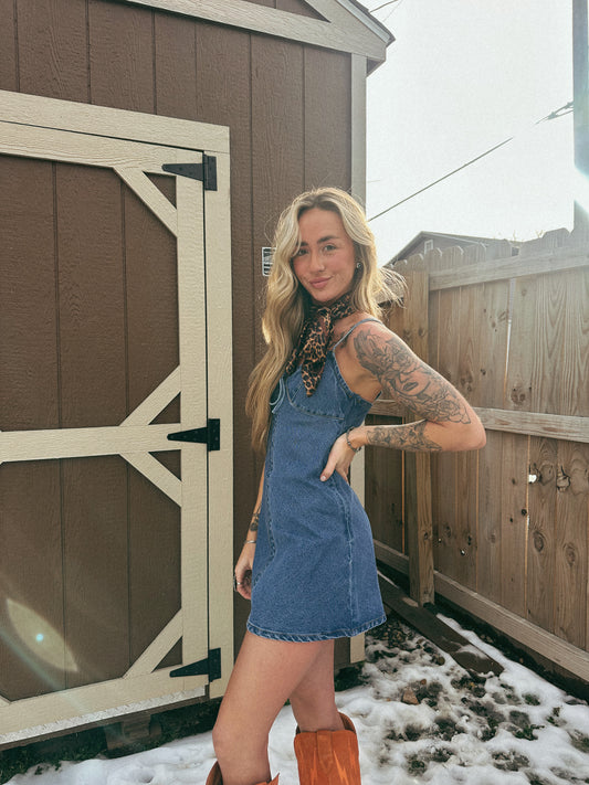 SWEETHEART TIE DENIM MINI DRESS