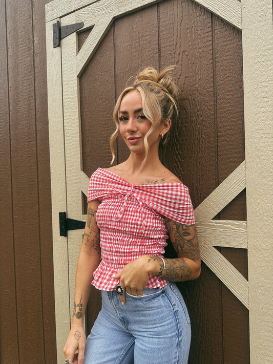 GINGHAM OFF THE SHOULDER TOP
