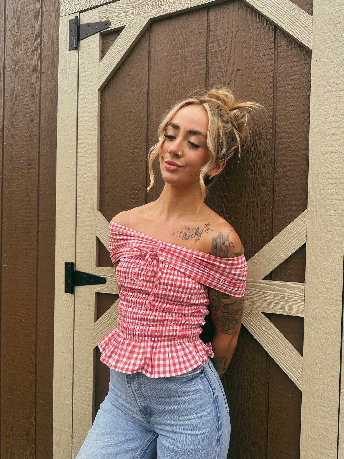 GINGHAM OFF THE SHOULDER TOP