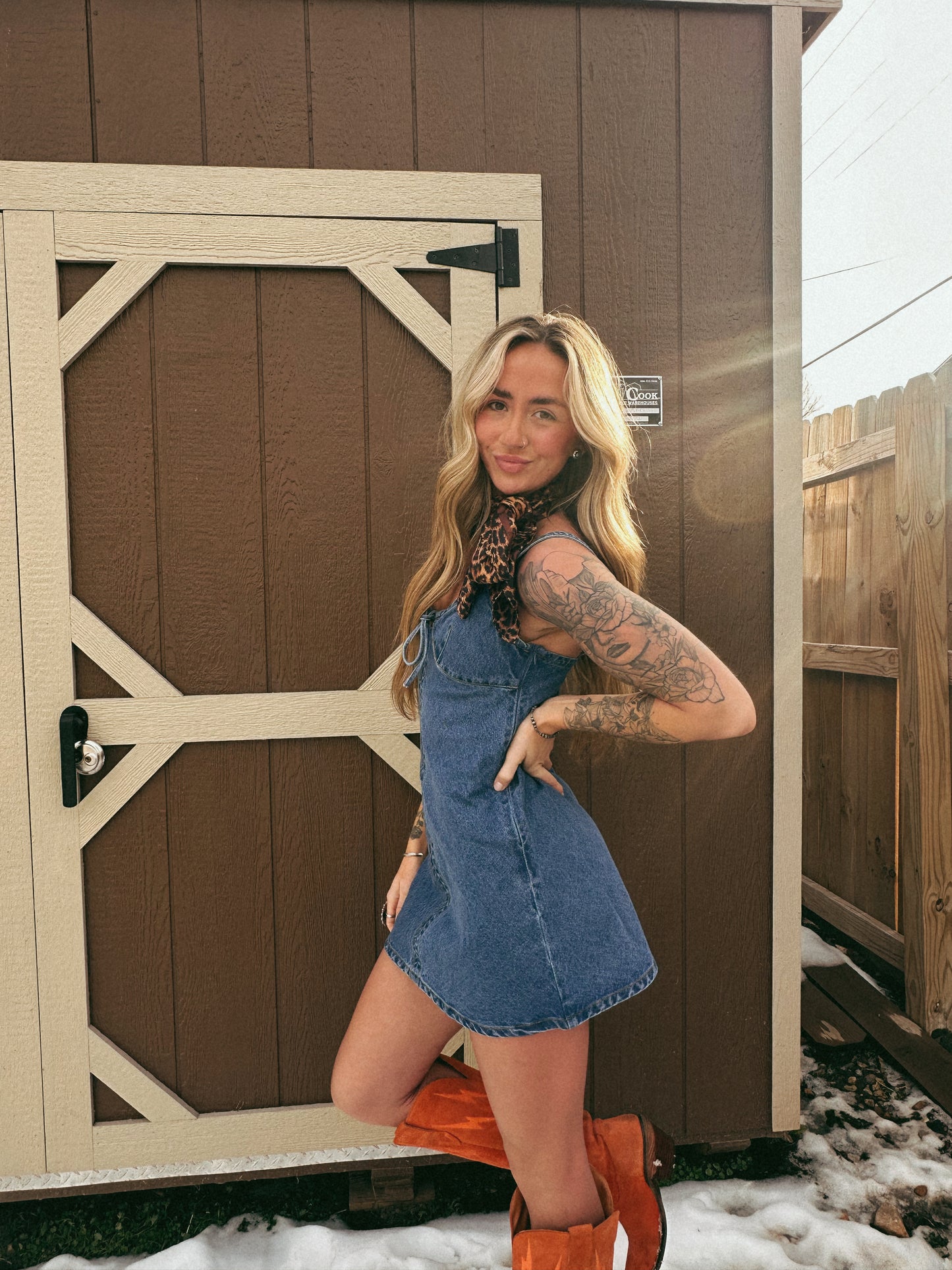 SWEETHEART TIE DENIM MINI DRESS