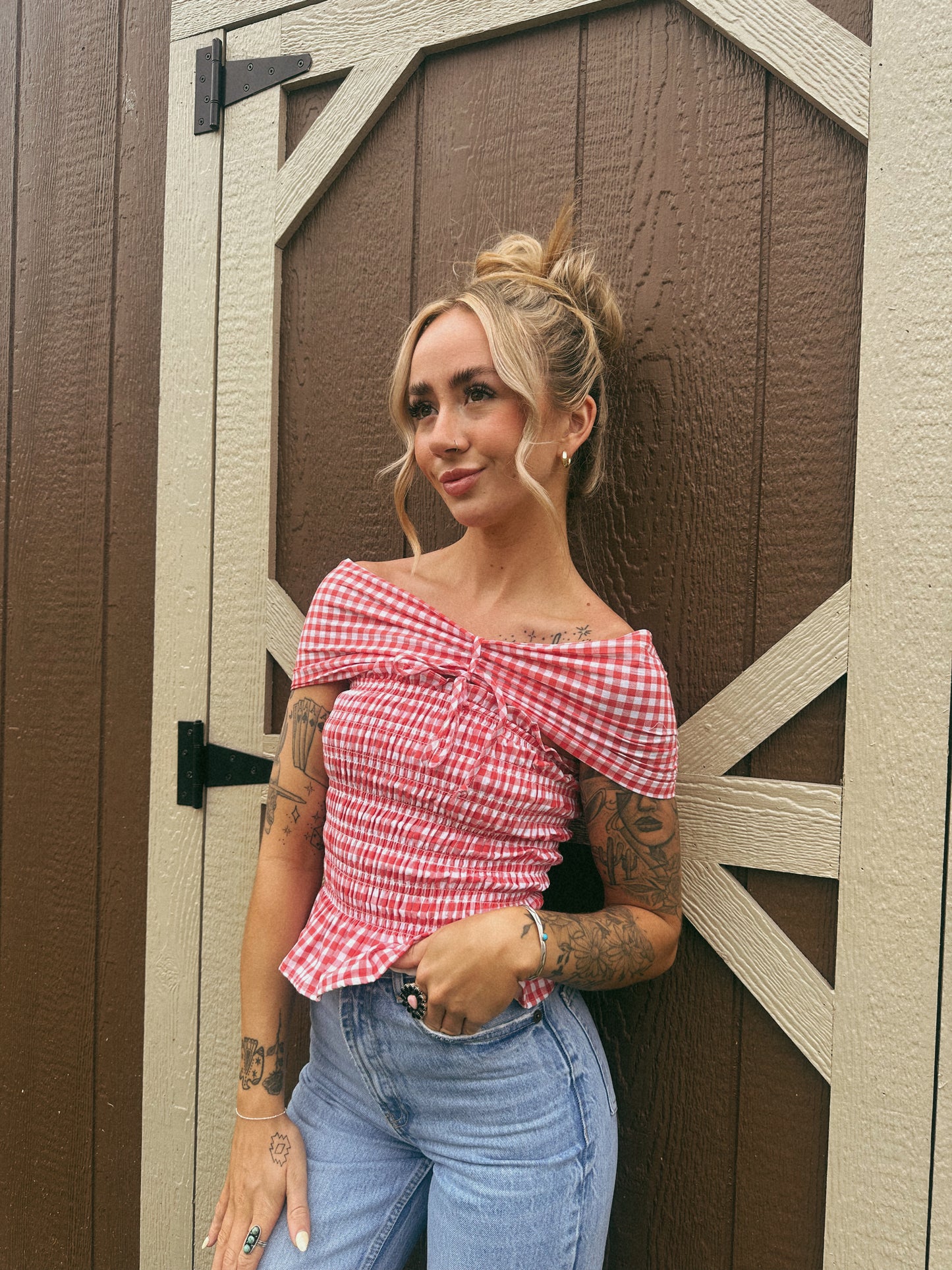 GINGHAM OFF THE SHOULDER TOP