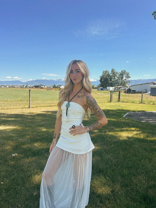 WHITE STRAPLESS MAXI DRESS
