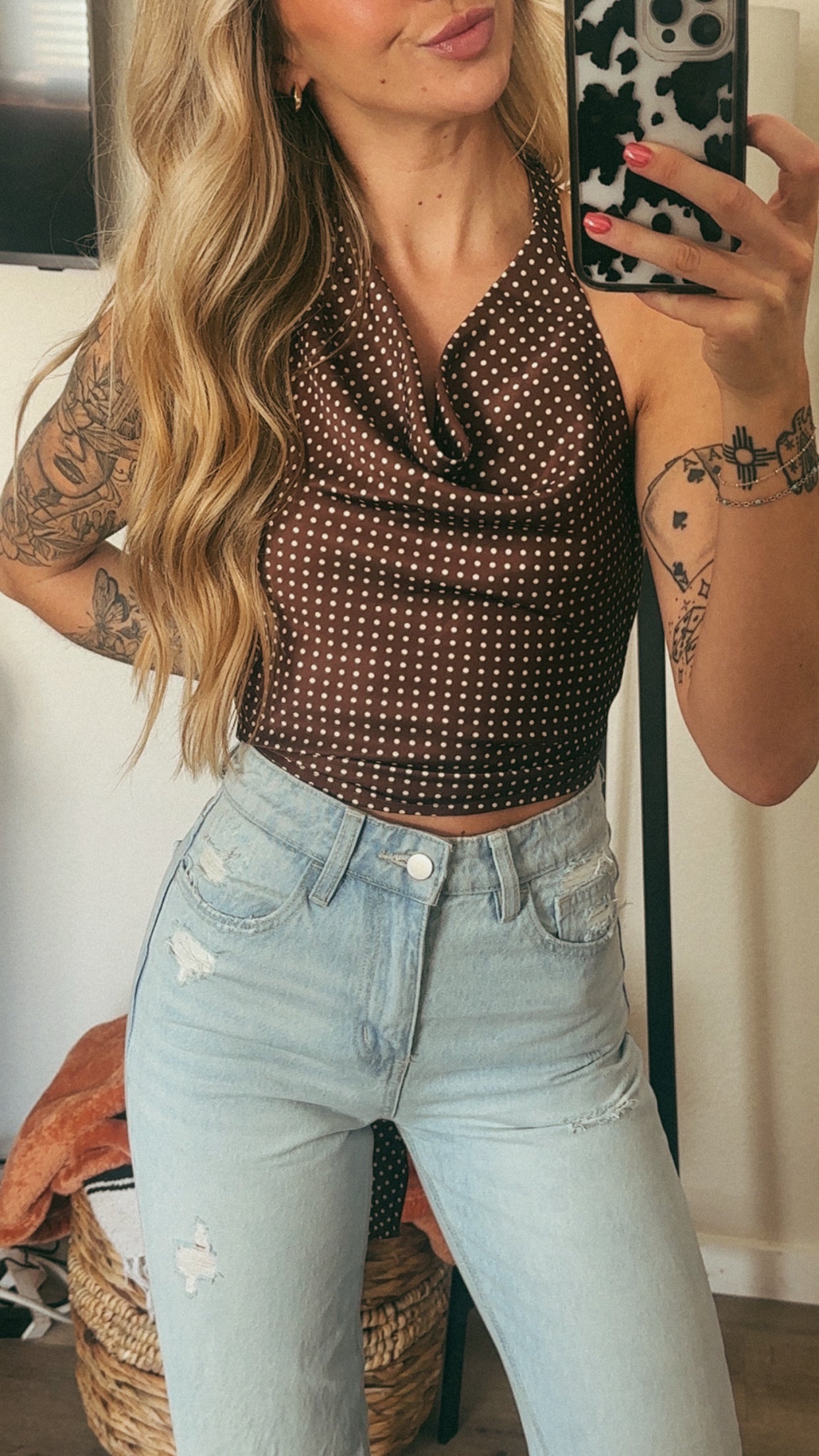 HALTER COWL NECK POLKA DOT TOP