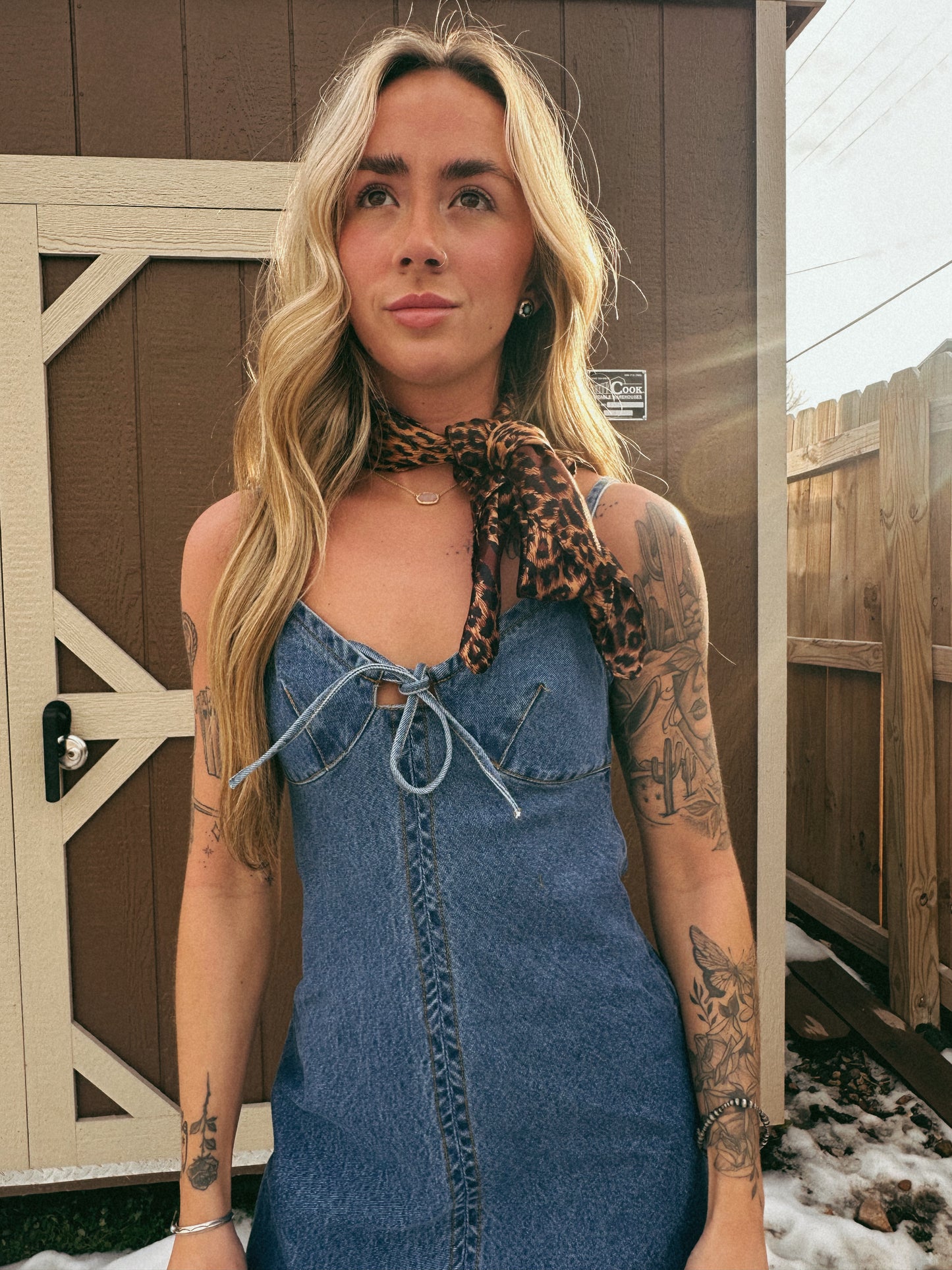 SWEETHEART TIE DENIM MINI DRESS