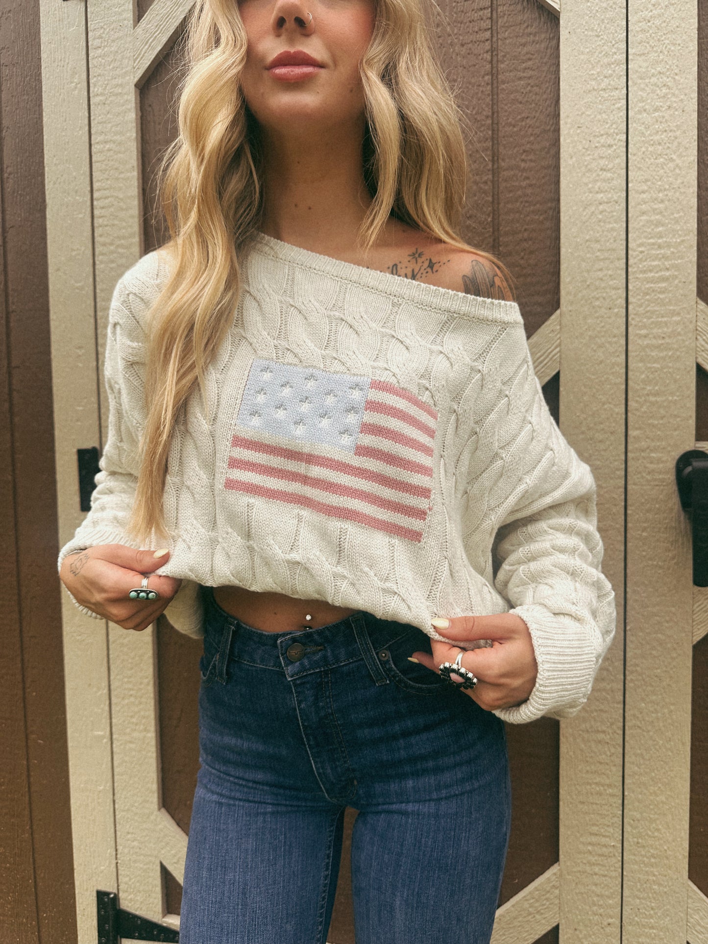 USA KNITTED OFF THE SHOULDER SWEATER