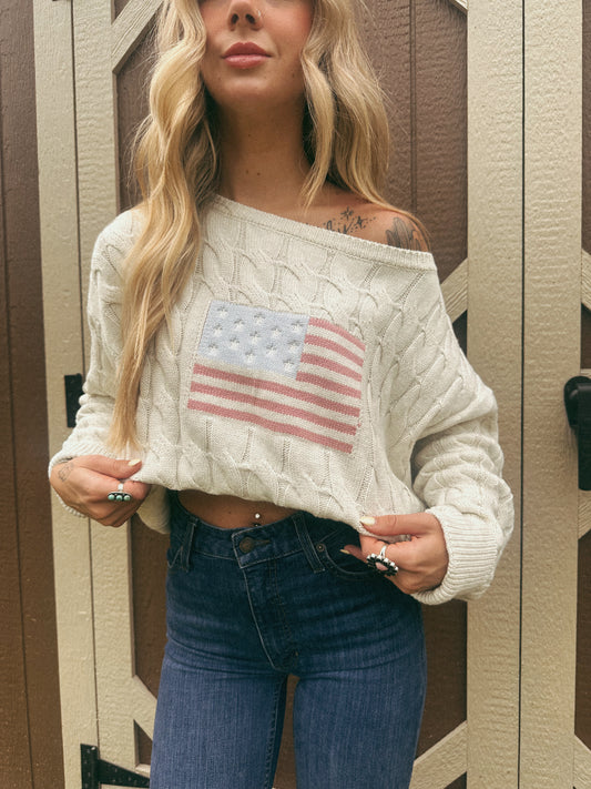 USA KNITTED OFF THE SHOULDER SWEATER