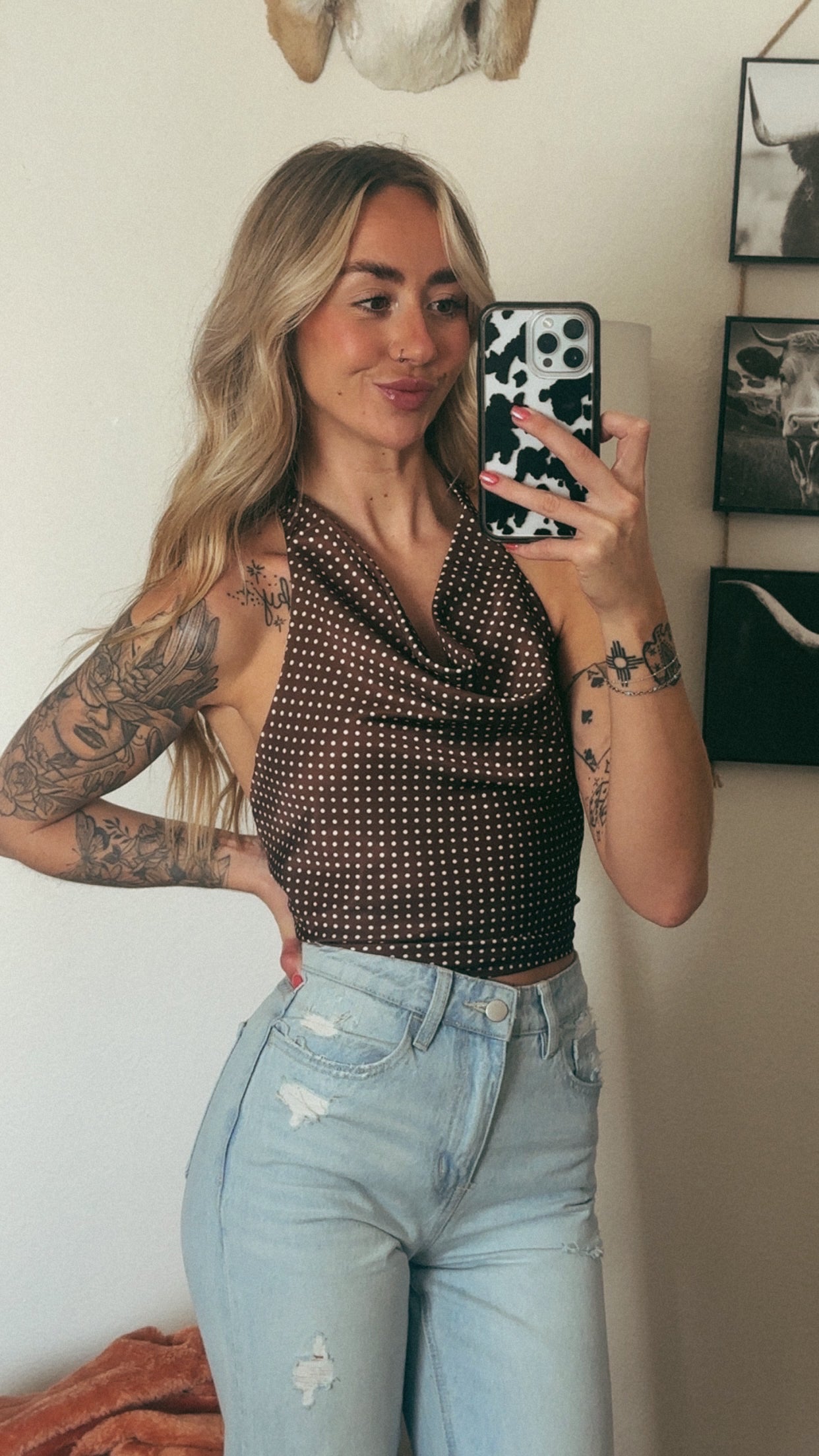 HALTER COWL NECK POLKA DOT TOP