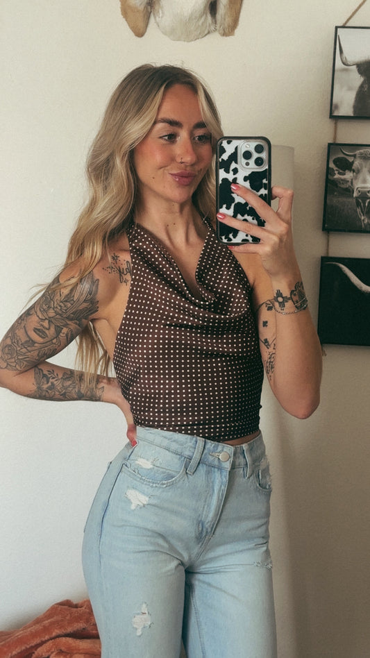 HALTER COWL NECK POLKA DOT TOP