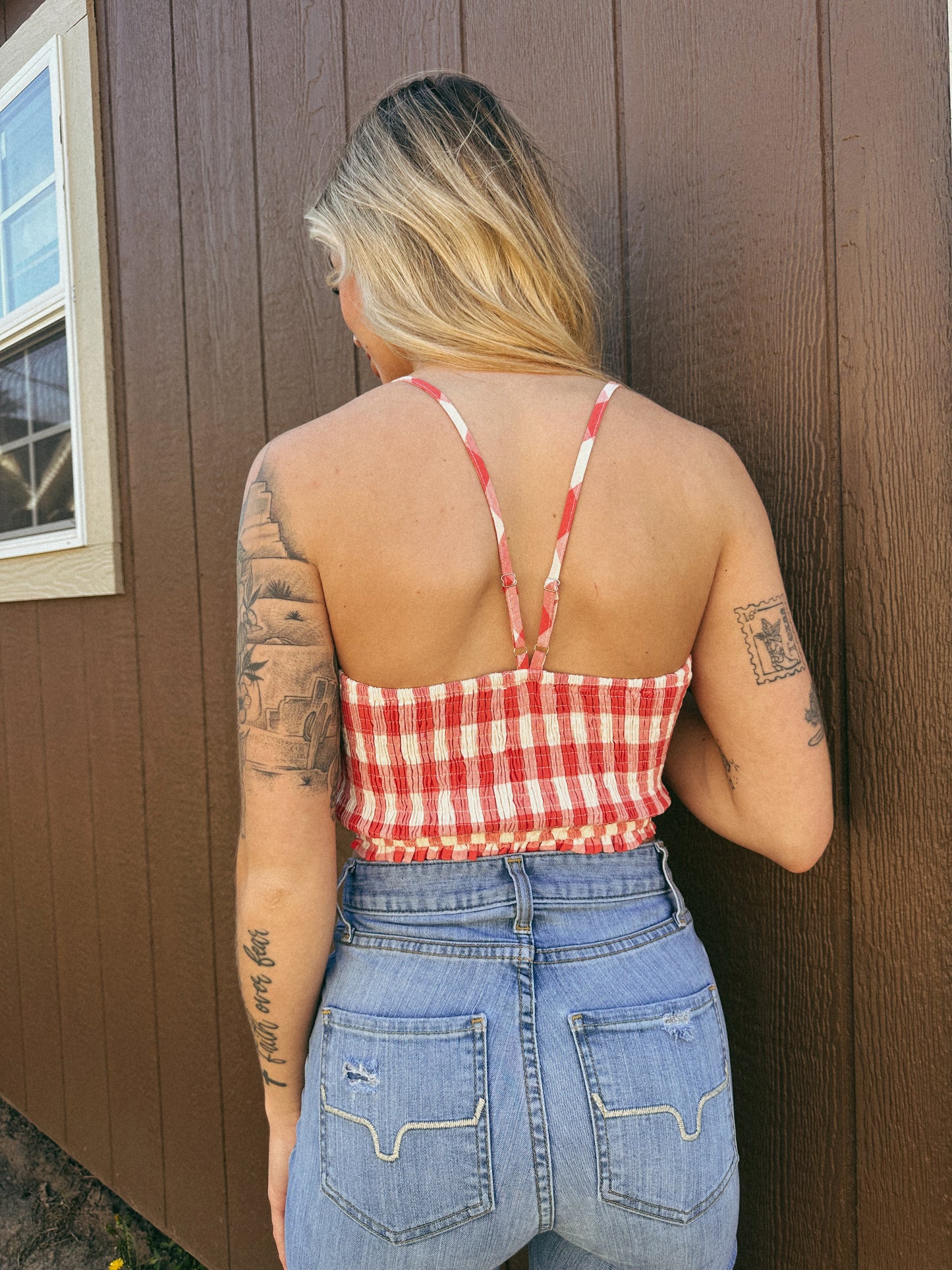 Gingham Smocked ruffle cami top