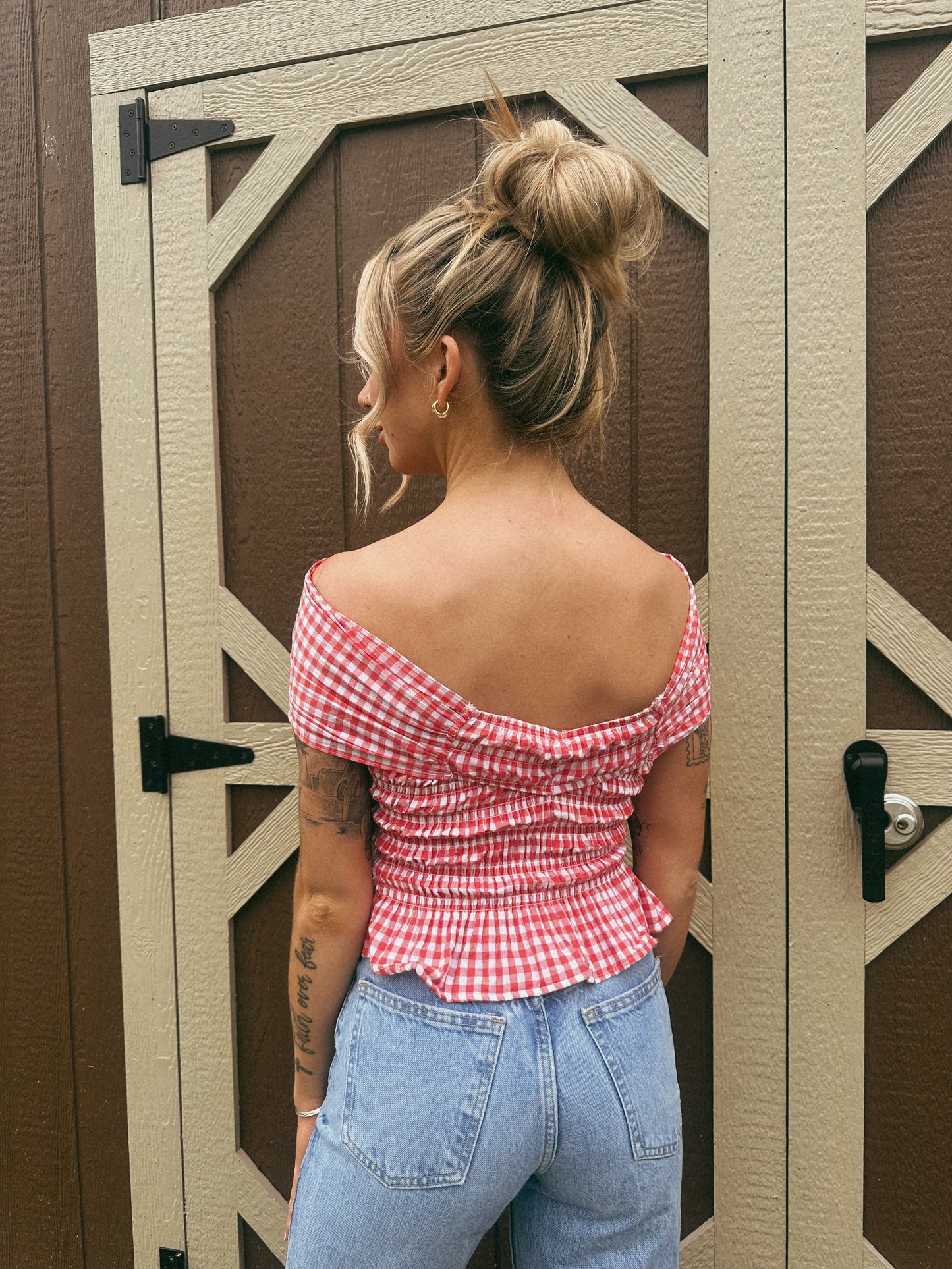 GINGHAM OFF THE SHOULDER TOP