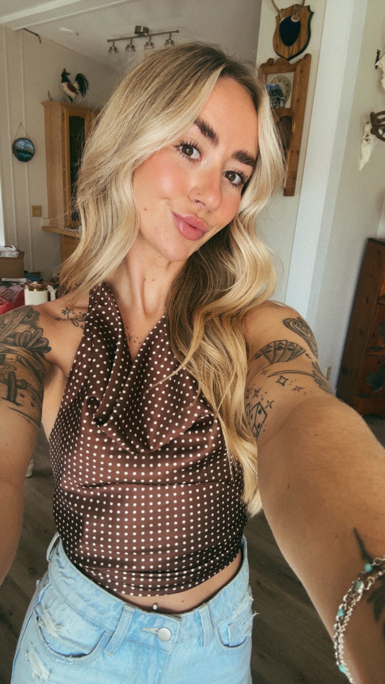 HALTER COWL NECK POLKA DOT TOP
