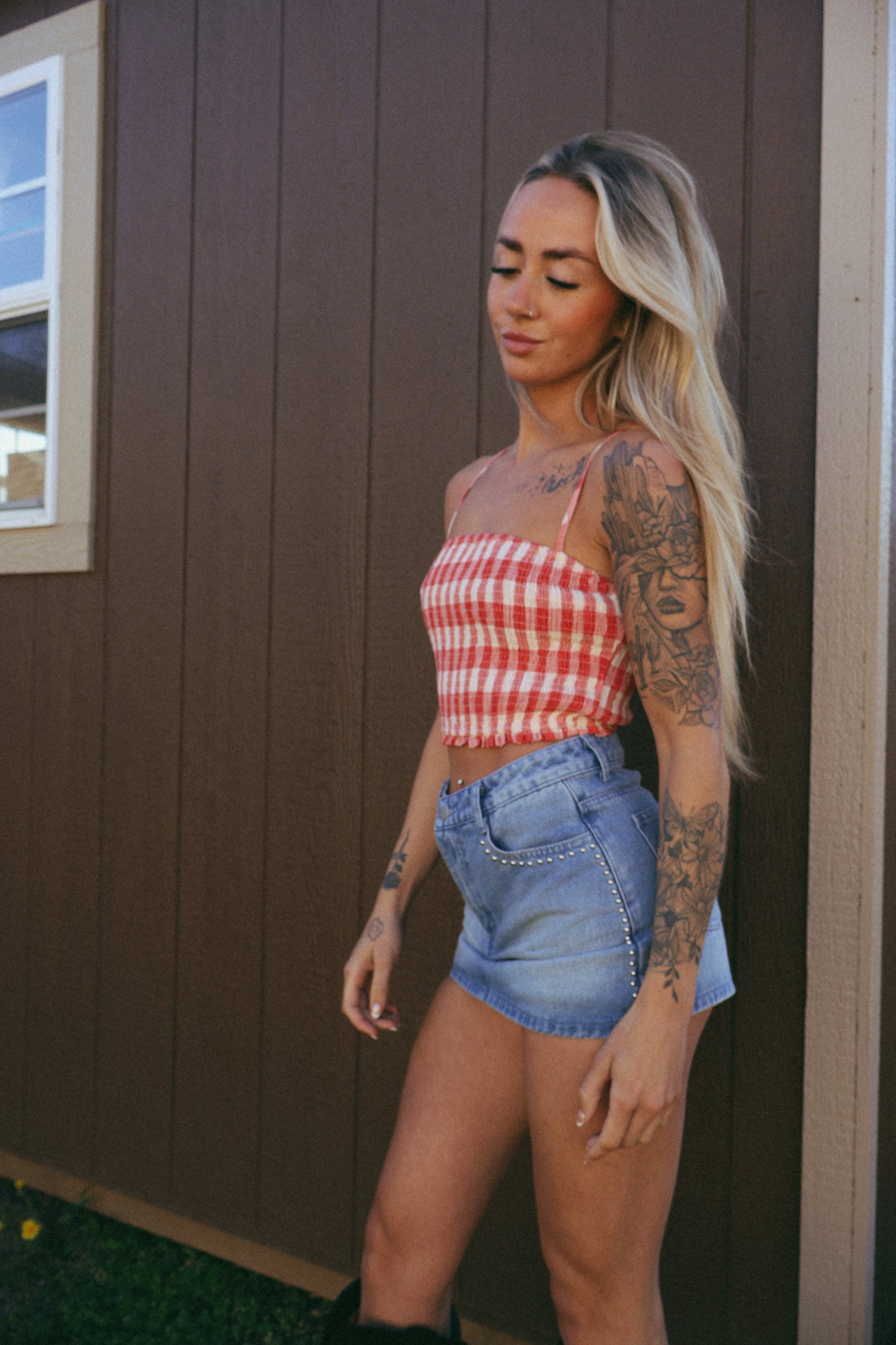 Gingham Smocked ruffle cami top