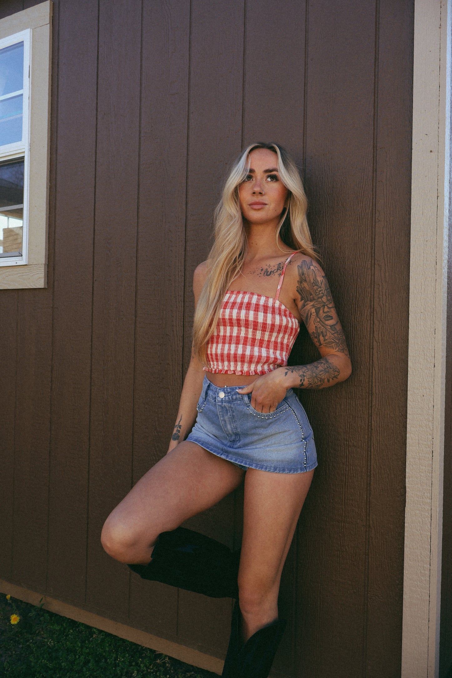Gingham Smocked ruffle cami top