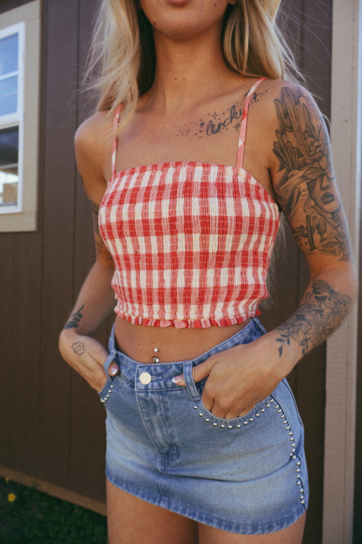 Gingham Smocked ruffle cami top